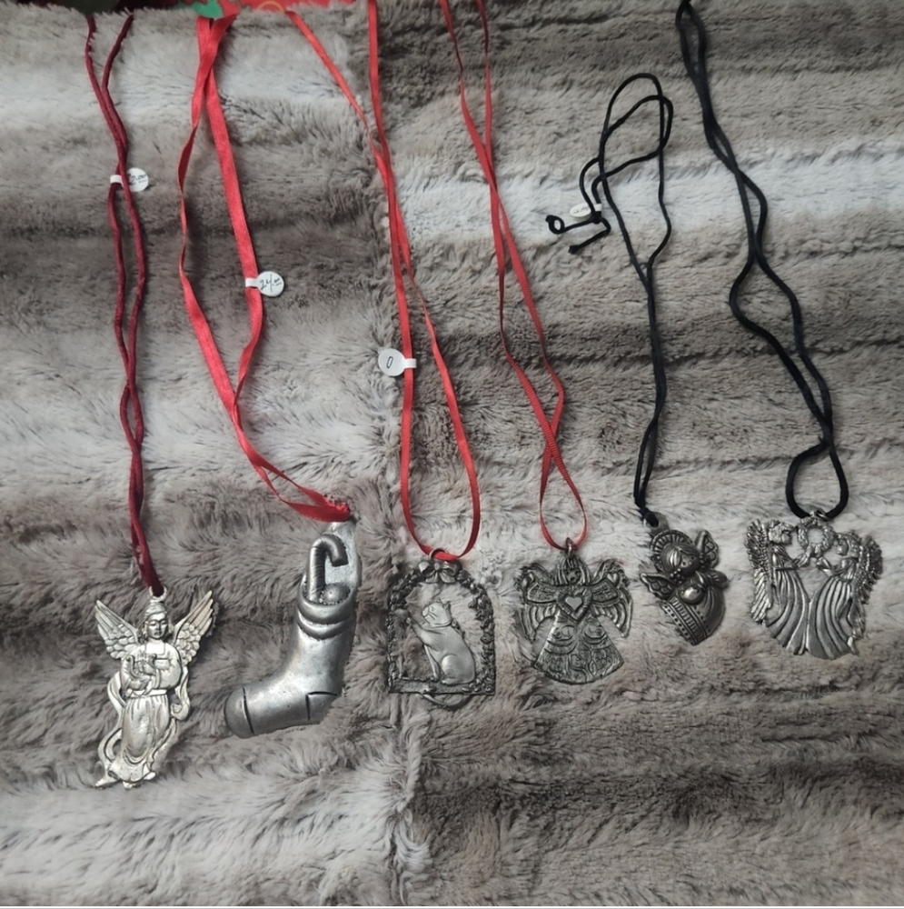 Vintage Holiday pewter Hanging Assorted Lot Bundle Christmas Angels Stocking Cat